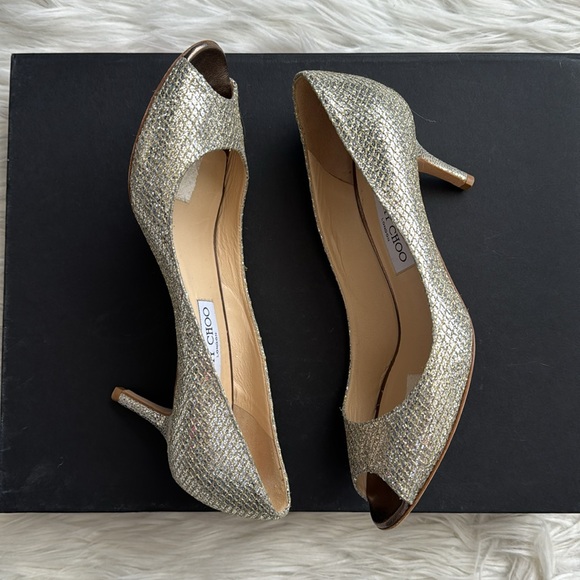 Jimmy Choo Gold Glitter Leather “Isabel” Peep Toe Heels Size 38 1/2 - Picture 6 of 13